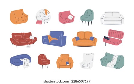 Sofas and armchairs. Modern cozy soft home furniture, colorful upholstered couch chair elements for room interior decoration. Vector cartoon set. Different colorful objects for living room