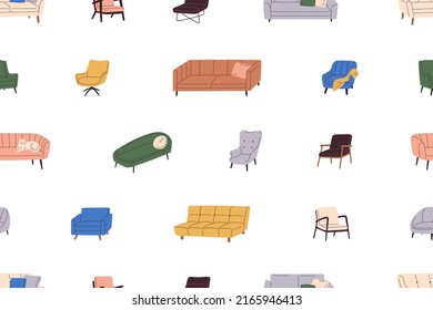 Sofas, Sessel, Muster. Nahtloser Hintergrund mit Retromöbeln. Wiederholtes Druckdesign mit angesagten Sofas, Diwanen, Stühlen aus der Mitte des Jahrhunderts. Farbige flache grafische Vektorgrafik.