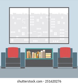 Sofas With Bookcase In Front Of Wide Glass Window Vector Illustration 
