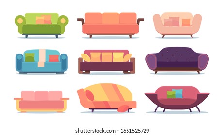 colección de sofás. confortable mobiliario de hogar decorado con tejido sencillo entrenador de relajación y descanso en los espacios interiores. conjunto vectorial