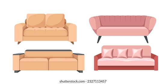 Sofás y sofás para el diseño interior y la decoración casera. Mobiliario aislado con almohadas mullidas para sala de estar o dormitorio. Renovación y acondicionamiento de las habitaciones. Vector en ilustración de estilo plano