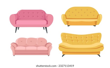 sofás y sofás para el diseño interior y la decoración casera. Muebles aislados para sala de estar con almohadas mullidas y suaves y piernas tiernas. Modelos minimalistas para habitación. Vector de estilo plano