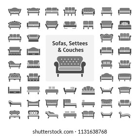 Sofas & Couches. Living room & patio furniture. Different kinds of classic and modern settees, loveseats. Benches & daybeds. Front view. Vector icon collection. Monochrome colors.