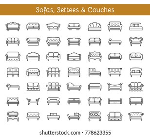 Sofas & Couches. Living room & patio furniture. Different kinds of classic and modern settees, loveseats. Benches & daybeds. Front view. Vector line icon collection. 