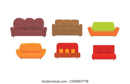 Sofas and Couches Vector Set. Furniture Items for Bedroom Interior