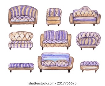 Sofas and Couches in watercolor. Living room and patio furniture. Different kinds of classic settees. Set of soft comfortable items for the home. Royal style.