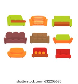 Sofas, furniture for living room. Comfortable couch set of colorful detailed vector Illustrations