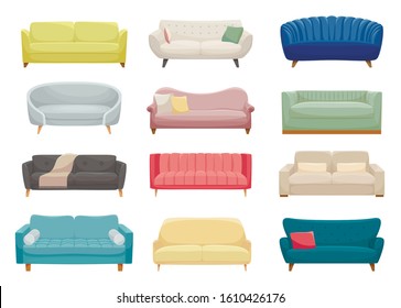 Sofas, furniture pieces flat vector illustrations set. Modern and vintage interior items, couches and divans pack. Room furnishing, cartoon beds collection isolated on white background