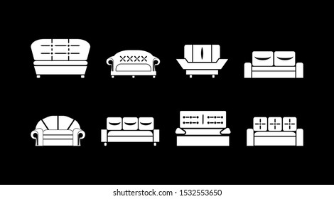 Sofas icon set. Vector 10 EPS. Isolated silhouette illustration on a black background.