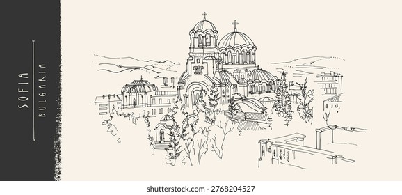 Sofia, Bulgaria. Alexander Nevsky Cathedral skyline sketch postcard. Orthodox church architecture, city view panorama, travel drawing. Vintage hand drawn vector postcard, ink line poster illustration