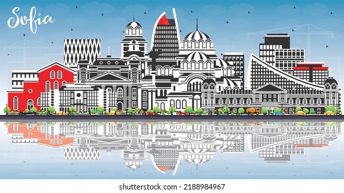 Sofia Bulgaria City Skyline with Color Buildings, Blue Sky and Reflections. Vector Illustration. Sofia Cityscape with Landmarks. Business Travel and Tourism Concept with Historic Architecture.