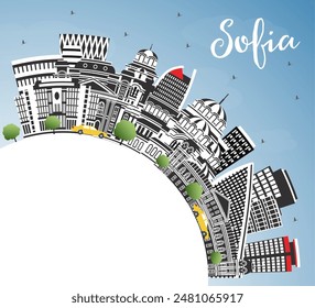 Sofia Bulgarien City Skyline mit Farbengebäuden, Blue Sky und Textbereich. Vektorillustration. Sofia Stadtbild mit Wahrzeichen. Geschäftsreise und Tourismus Konzept mit historischer Architektur.