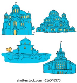 Sofia Bulgaria Colored Landmarks, Scalable Vector Monuments. Filled with Blue Shape and Yellow Highlights. 