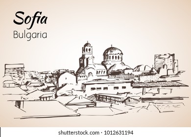 Sofia city panorama, Bulgaria. Sketch. Isolated on white background