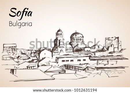 Sofia city panorama, Bulgaria. Sketch. Isolated on white background