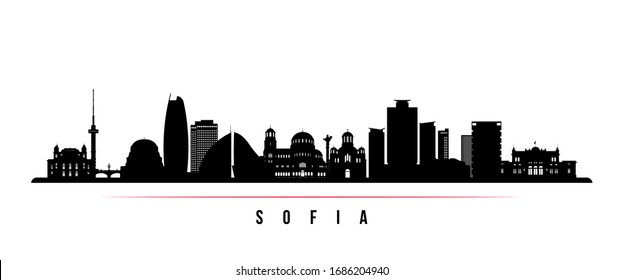 Sofia city skyline horizontal banner. Black and white silhouette of Sofia, Bulgaria. Vector template for your design. 