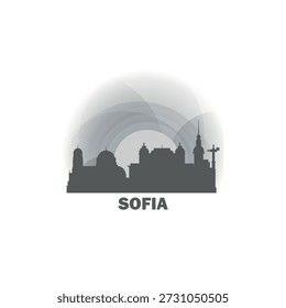 Logotipo da Sofia, clip-art com paisagem urbana, horizonte, panorama. Ilustração isolada de vetor plano. Imagem em tons de cinza da cidade da Bulgária com pontos de referência e edifícios