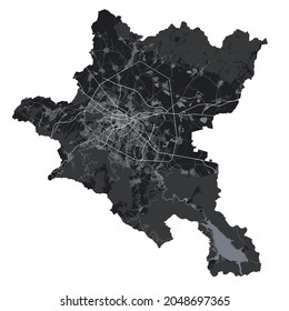 Mapa de Sofía. Mapa vectorial detallado del área administrativa de la ciudad de Sofía. Vista de la aria metropolitana de Cityscape poster. Tierra negra con calles blancas, caminos y avenidas. Fondo blanco.