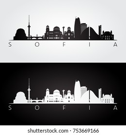 Sofia skyline and landmarks silhouette, black and white design, vector illustration.