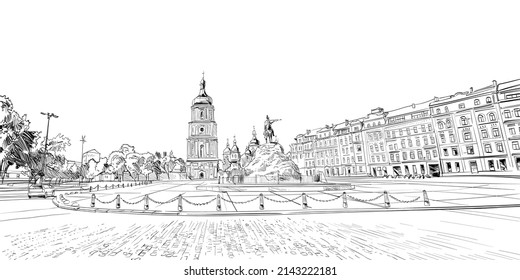 Plaza de Sofía. Catedral de Santa Sofía. Kiev. Ucrania. Esbozo dibujado a mano. Ilustración vectorial.