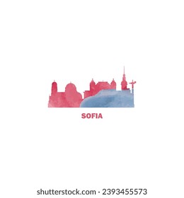 Sofia watercolor cityscape skyline city panorama vector flat modern logo, icon. Bulgaria capital, megapolis emblem concept with landmarks and building silhouettes. Isolated graphic