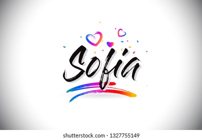 Sofia Welcome To Word Text with Love Hearts and Creative Handwritten Font Design Vector Illustration.