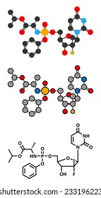 Sofosbuvir hepatitis C virus drug molecule. Conventional skeletal formula and stylized representations. 