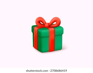 Suave regalo de Navidad 3D envuelto en papel verde con cinta roja. Perfecto para promociones festivas, marca de invierno, anuncios de vacaciones y marketing de productos de temporada.