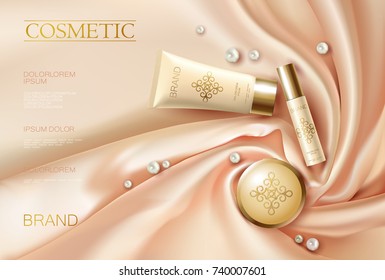 Soft 3d realistic cosmetic ad. Silk glowing fabric light rose beige golden package compact powder. Promotional banner template design vector illustration.