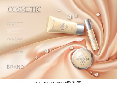 Soft 3d realistic cosmetic ad. Silk glowing fabric light rose beige silver package compact powder. Promotional banner template pearl design vector illustration.