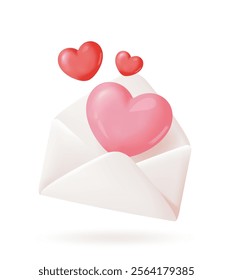 Soft 3D vector illustration of a beige envelope with glossy red hearts floating out, isolated on a light background, perfect for love, romance, and Valentine s Day themes.