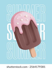 Soft 3D vector illustration of a chocolate popsicle with pink frosting and sprinkles on a blue summer-themed background, ideal for dessert, summer, and food-related designs