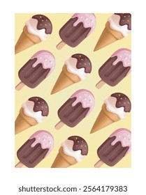 Soft 3D vector illustration of ice cream cones and popsicles with chocolate and sprinkles on a yellow background, forming a seamless pattern, ideal for summer and dessert designs