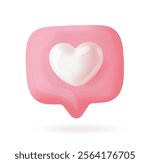 Soft 3D vector illustration of a pink speech bubble with a white glossy heart inside, isolated on a light background, perfect for love, chat, and social media designs