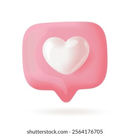 Soft 3D vector illustration of a pink speech bubble with a white glossy heart inside, isolated on a light background, perfect for love, chat, and social media designs