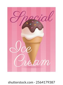 Soft 3D vector illustration of a vanilla ice cream cone with chocolate topping and colorful sprinkles on a pink striped background, ideal for dessert, food, and summer designs.