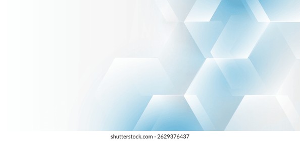 Soft abstract background with transparent hexagons and light blue gradient on white backdrop