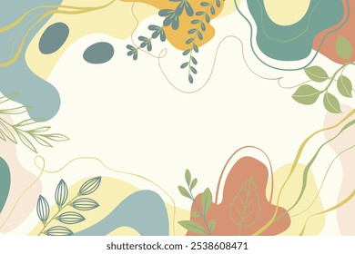 Soft Abstract Composition in Green, Yellow, and Rust Tones with Leaves and Branches. Fluid shapes. 