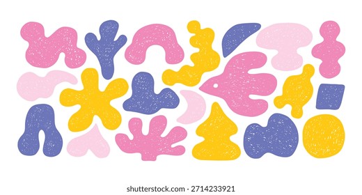 Conjunto de colección de Formas de crayón abstracto suave para scrapbooking, diseño. Forma libre simple, dibujo asimétrico, dibujo a lápiz brillante. Dibujado a mano figuras básicas de moda. Figura de forma de curva orgánica líquida.