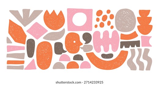 Soft abstract crayon shapes different form collection set for scrapbooking, design, poster. Simple freeform, asymmetric sketch. Hand drawn trendy basic figures. Liquid organic curve shape figure.