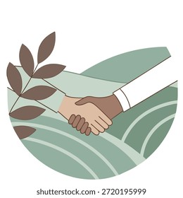 Imagem abstrata suave de um aperto de mão mesclando-se em uma paisagem com espaço de cópia ao lado. conceito como Duas mãos se envolvem em um aperto de mão que se mistura perfeitamente em uma paisagem pitoresca simbolizando parceria e progresso no Dia da República. A imagem deixa um amplo espaço de cópia na lateral para texto ou marca. no Photo Stock Concept , copie espaço para anúncio ou banner com Cute Photo Realistic como detalhes de alta qualidade —ar 7:2 —tile