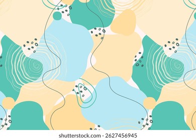 Soft abstract seamless vector pattern with organic shapes, flowing lines, and subtle textures in pastel teal, blue, and beige. Ideal for backgrounds, textiles, and modern design projects.