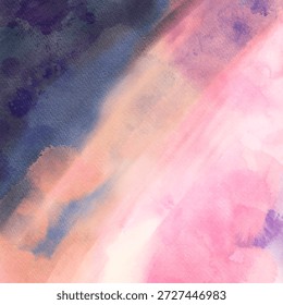 Composição de aquarela abstrata suave misturando tons de rosa, pêssego e azul profundo, criando um fundo artístico calmo com movimento suave e textura.