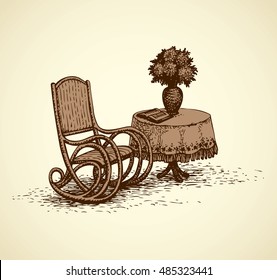 Soft aged rocker at antique round desk with obsolete patterned tablecloth, Bible and flowerpot with asters isolated on white background. Freehand ink hand drawn picture sketchy in ancient doodle style