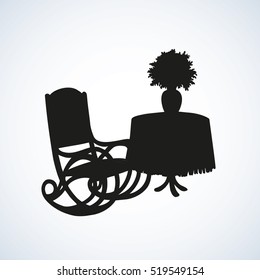 Soft aged rocker at antique round desk with obsolete tablecloth and flowerpot with asters isolated on white background. Dark ink hand drawn picture sketchy in ancient style with space for text on sky