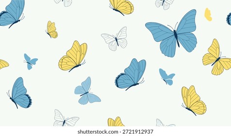 Padrão suave e arejado sem emenda apresenta uma variedade de borboletas azuis e amarelas flutuando em um fundo pálido.