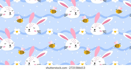 Diseño suave y aireado de Vector sin costuras con conejos juguetones, flores de manzanilla y abejas suaves, creando un tema encantador inspirado en la naturaleza para envolver papel, textiles de vivero y alegre decoración de primavera