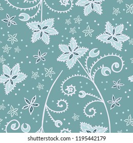 Soft aqua flowers on teal background in a frozen scene. Magical with crescent moon leaves and swirls. Snowflake flowers and snow falling. Winter holidays, weddings, invitations, cards, gift wrapping.