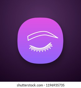 Soft arched eyebrow shape app icon. Rounded, curved eyebrows. Brows shaping by tattooing. Closed woman eye. UI/UX user interface. Web or mobile application. Vector isolated illustration
