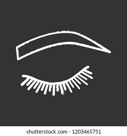 Soft arched eyebrow shape chalk icon. Rounded, curved eyebrows. Brows shaping by tattooing. Closed woman eye. Isolated vector chalkboard illustration